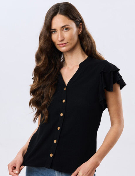 CAMISA DE LINO CON VOLADOS Negro