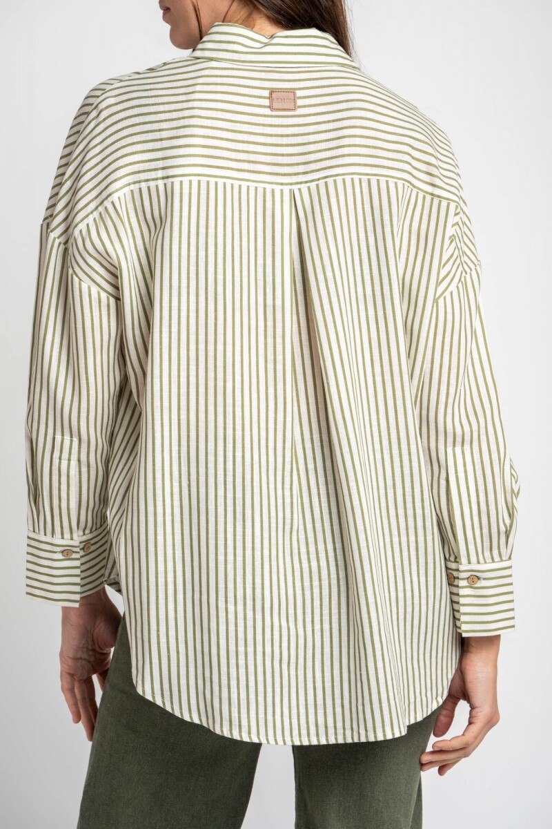 Camisa Rayada Con Lino Oliva