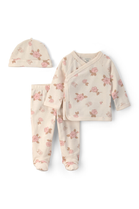 Set tres piezas de algodón, pelele, batita y gorro, crema, diseño floral Sin color