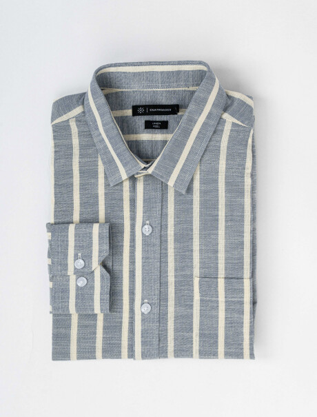 Camisa m/l efecto lino rayada azul