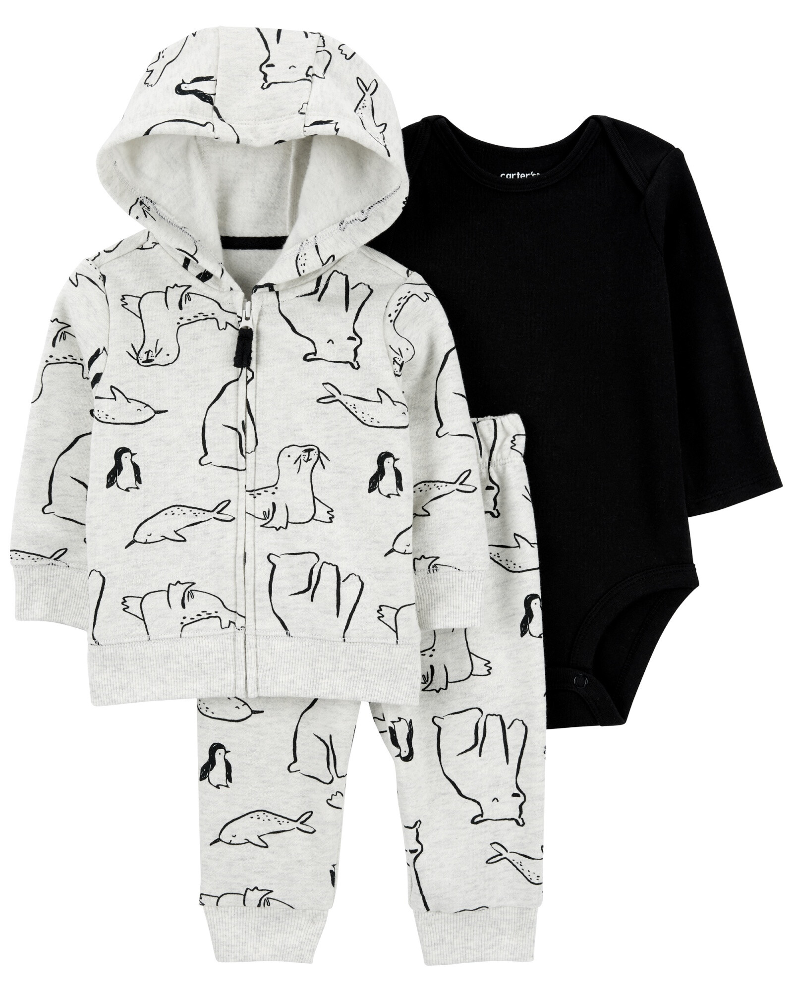Set tres piezas de algodón, campera con capucha, pantalón y body, diseño animales árticos Set tres piezas de algodón, campera con capucha, pantalón y body, diseño animales árticos