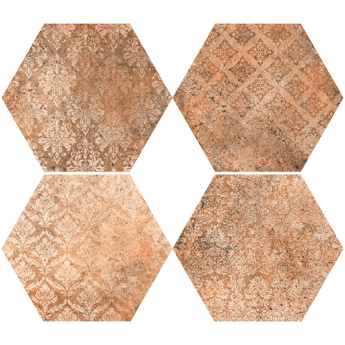 PORCELANATO PARA PISO Y PARED HEXAGONAL COTTO DECORADO MATE PEI IV 22X25 CODICER - GAMAS DE TERRACOTA 