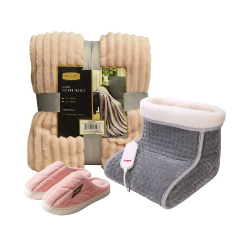Set Pantuflas Unisex+Manta 127x152cm+Calienta Pies Eléc Rosa
