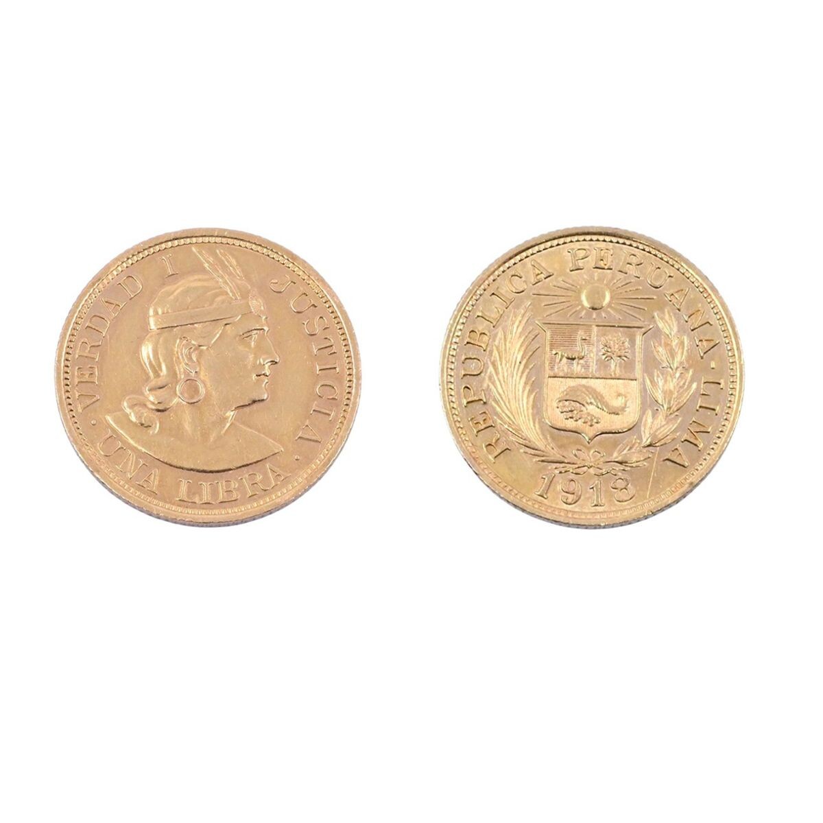 Moneda de oro República Peruana una libra año 1918. 