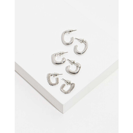 Aros Argollas Set Metal Con Detalle De Strass Plateado Rodio