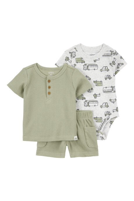 Set tres piezas de algodón, short, remera henley y body, diseño vehículos Sin color