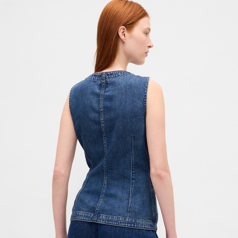SL HIGH NECK TAILORED VEST - DK MERWIN DARK WASH