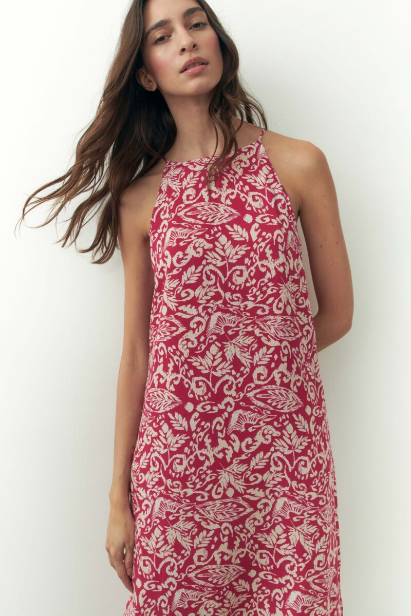 Vestido estampado escote halter magenta