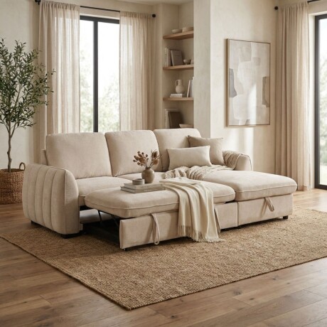 Rinconera Cama Thesi (C/Baúl) - Tela Microfibra - Chaise derecho City 102 (Beige)