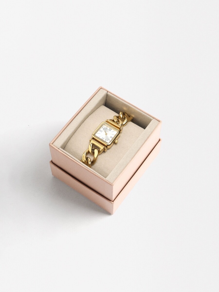 Reloj Mostrador Cuadrado Pulsera De Eslabones dorado