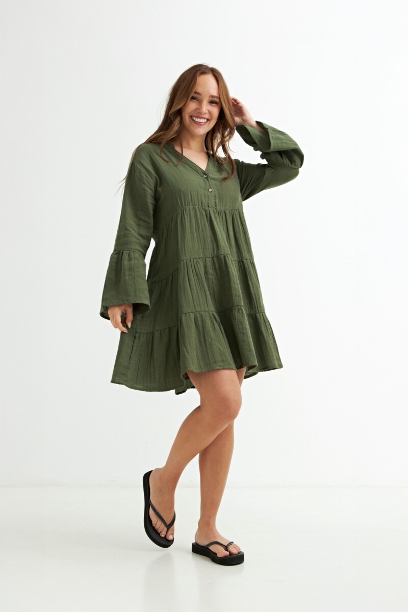 Vestido con volados manga 3/4 VERDE OLIVA