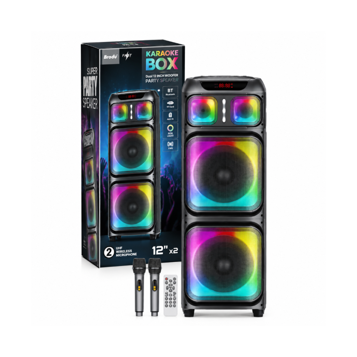 PARLANTE BT BRODU BTS-2175 2X10"" C/BATERIA, MICROFONO 