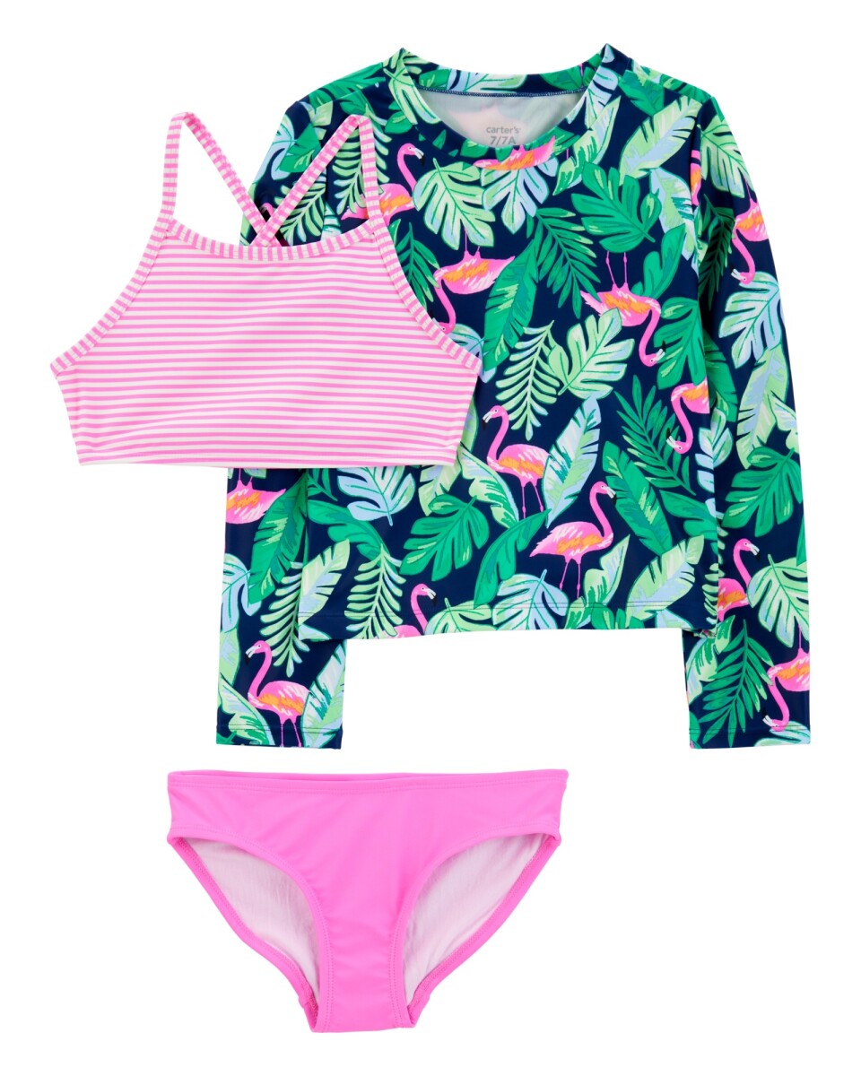 Set de baño tres piezas, protección UPF 50+, diseño tropical. Talles 6-8 