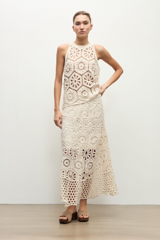 Top halter tejido crochet beige claro