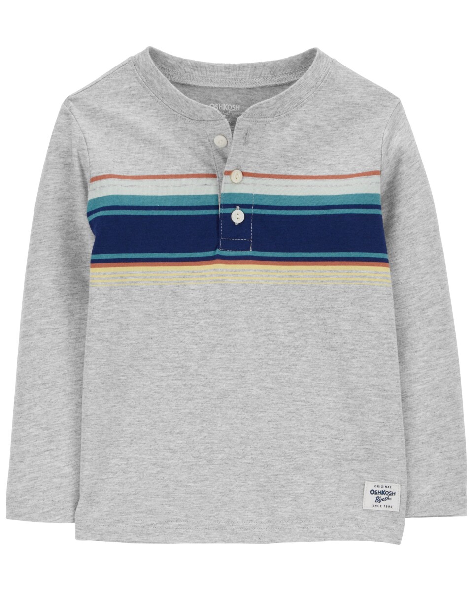 Remera henley de algodón, gris con franjas 