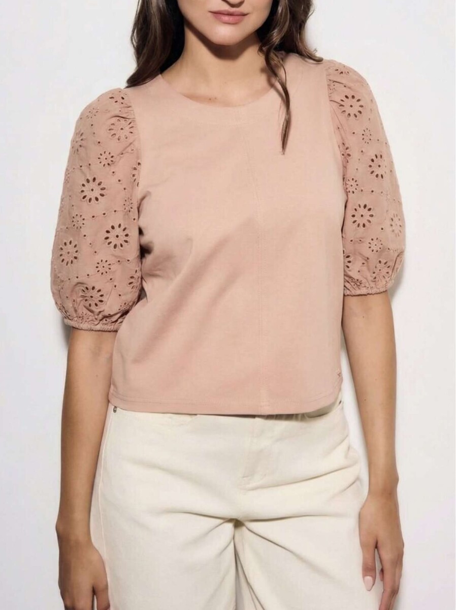 Remera Manga Broderie - Rosa 