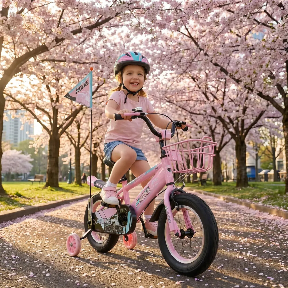 Bicicleta rodado 16 con rueditas, canasto, casco y banderita Rosa