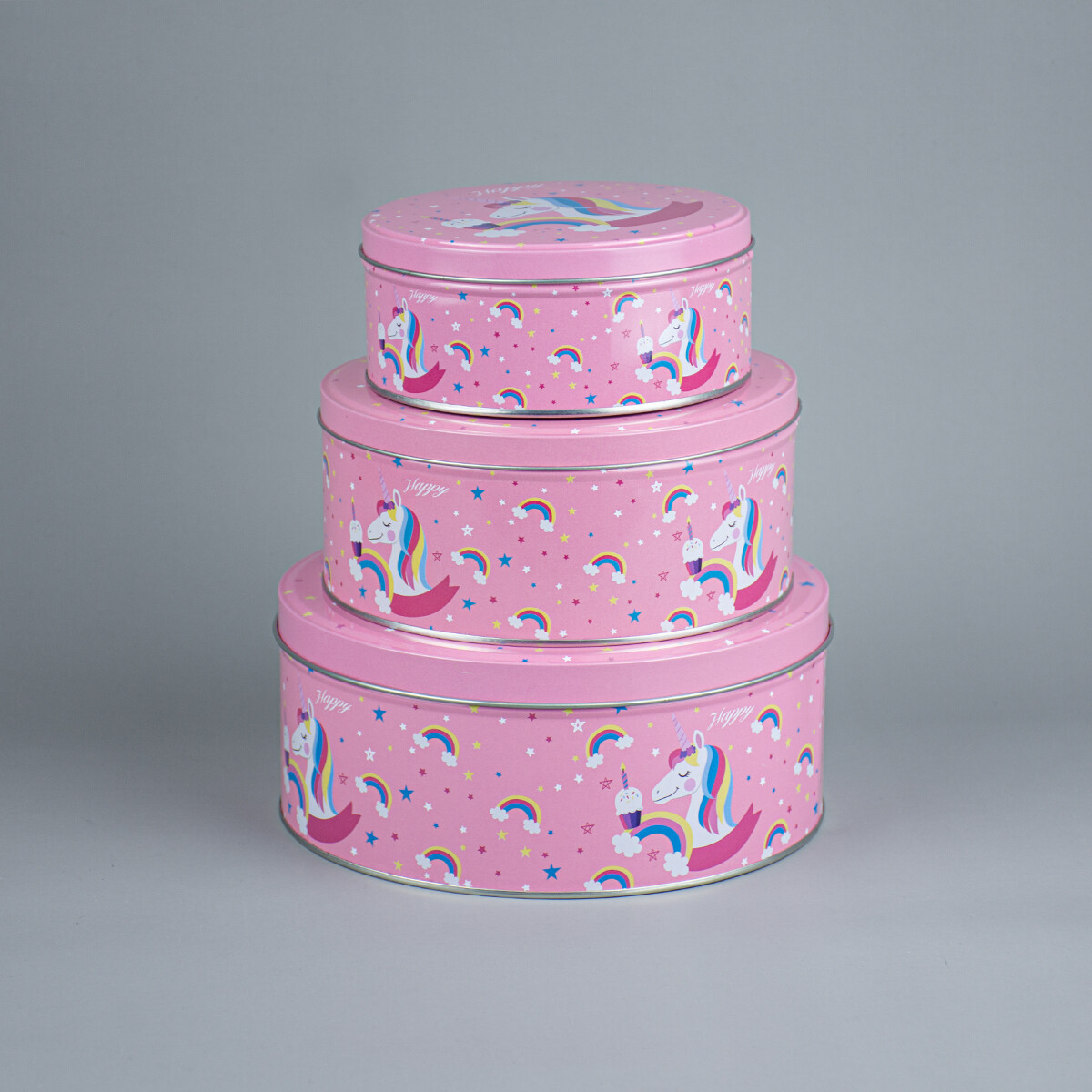 Set x3 latas redondas Unicornio fondo rosado 