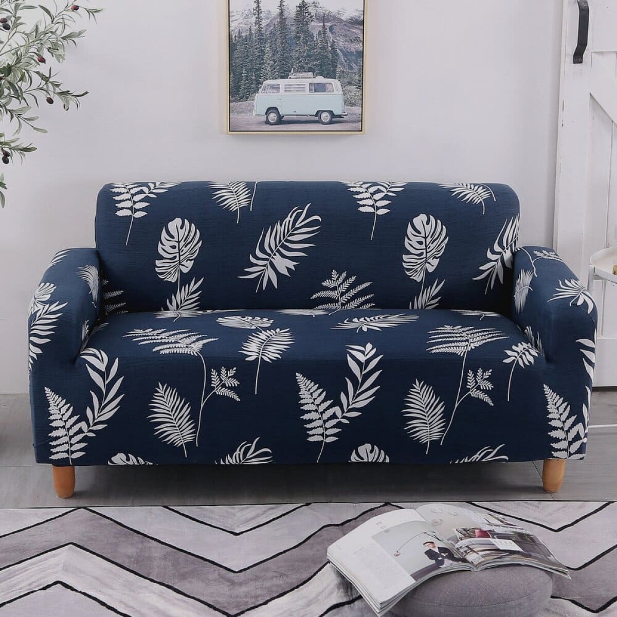 Funda Sillón 1 Cuerpo Estampada - Hojas Azules 