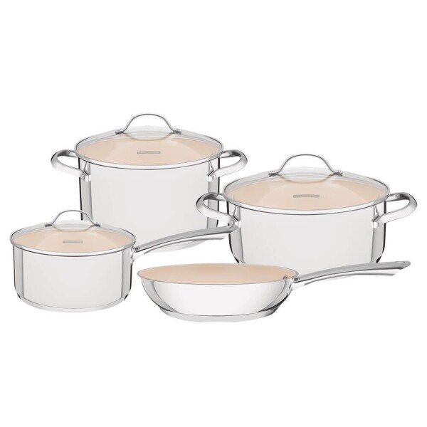 JUEGO DE OLLAS EN ACERO INOX. CON REVESTIMIENTO INTERNO CERAMICO BEIGE 4 PIEZAS JUEGO DE OLLAS EN ACERO INOX. CON REVESTIMIENTO INTERNO CERAMICO BEIGE 4 PIEZAS