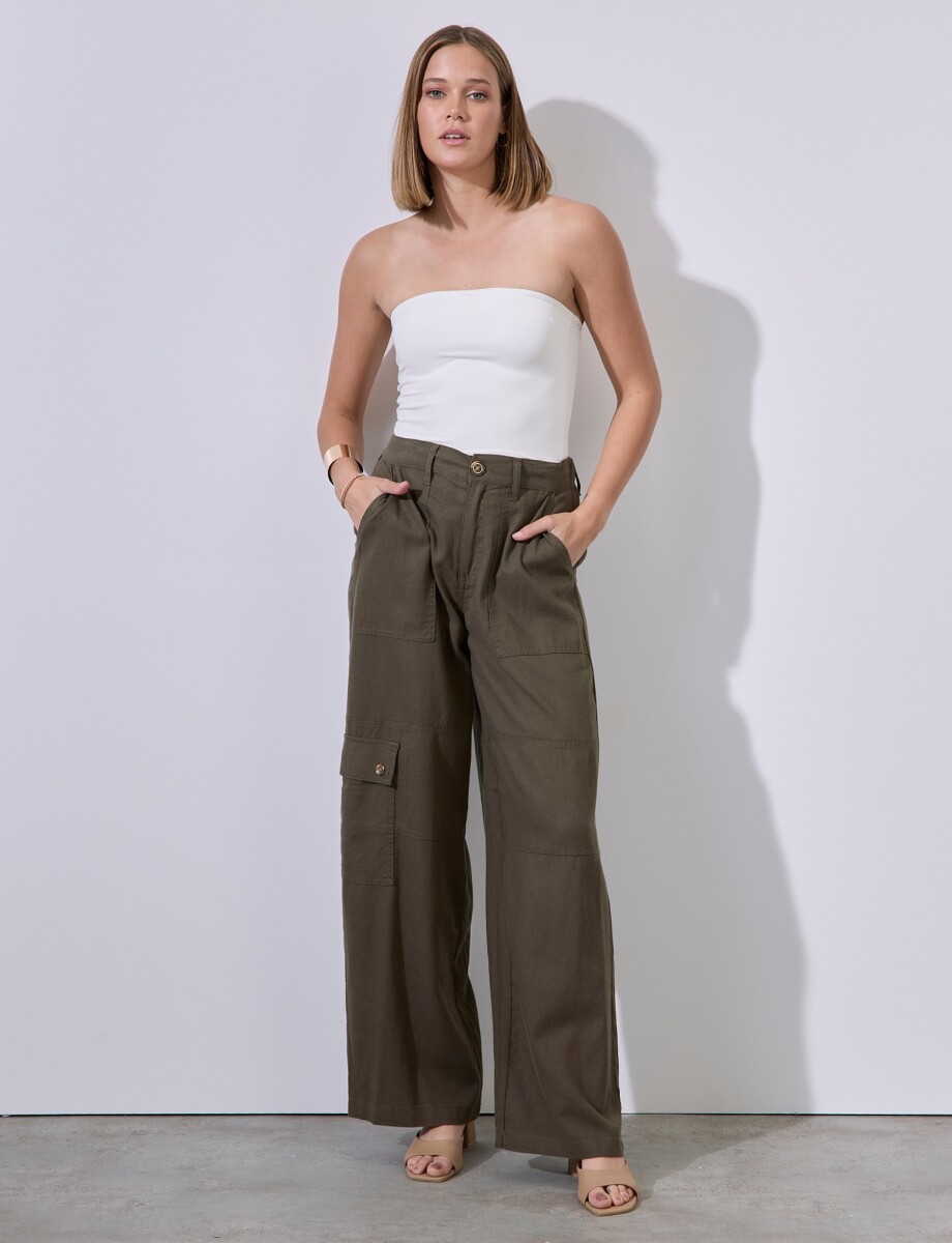 Pantalon Lino Cargo - Oliva 