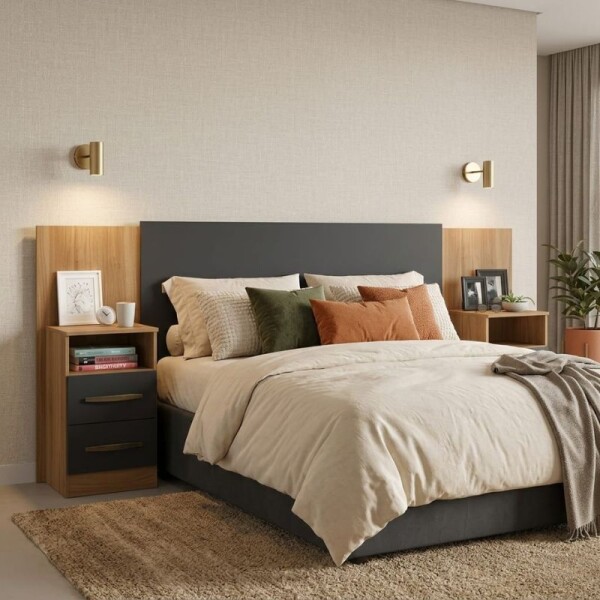 RESPALDO 2 PLAZAS + 2 MESA DE LUZ - GRAFITO/NOGAL RESPALDO 2 PLAZAS + 2 MESA DE LUZ - GRAFITO/NOGAL