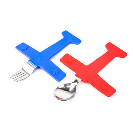 Set Infantil Avión Cuchara Roja Y Tenedor Azul