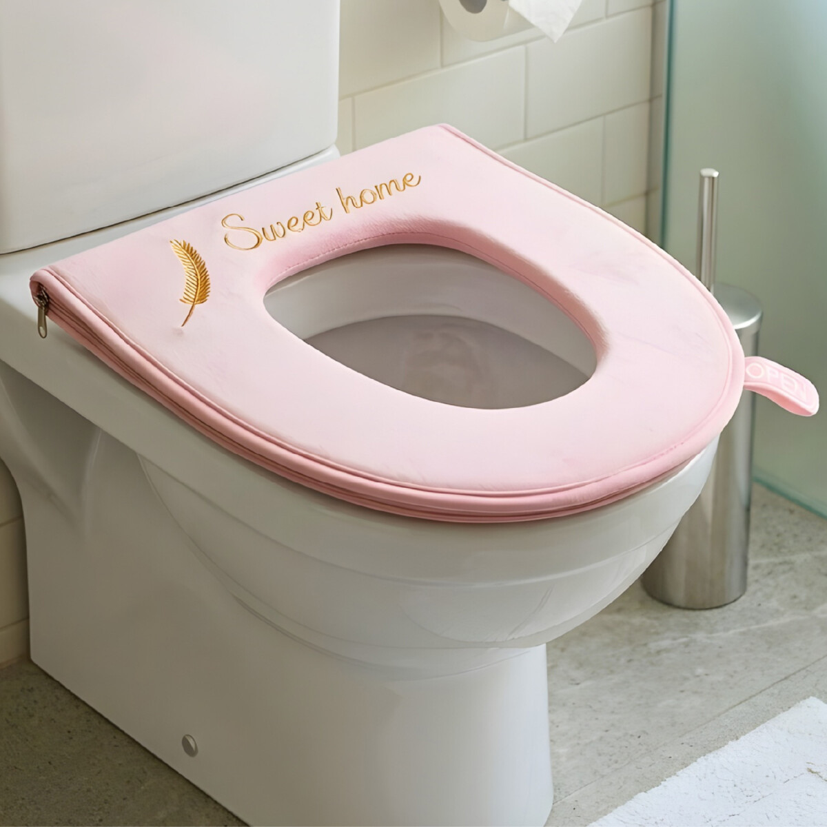 Funda con Cierre Tela Acolchonada para Tapa de Water Inodoro - Color Rosado 