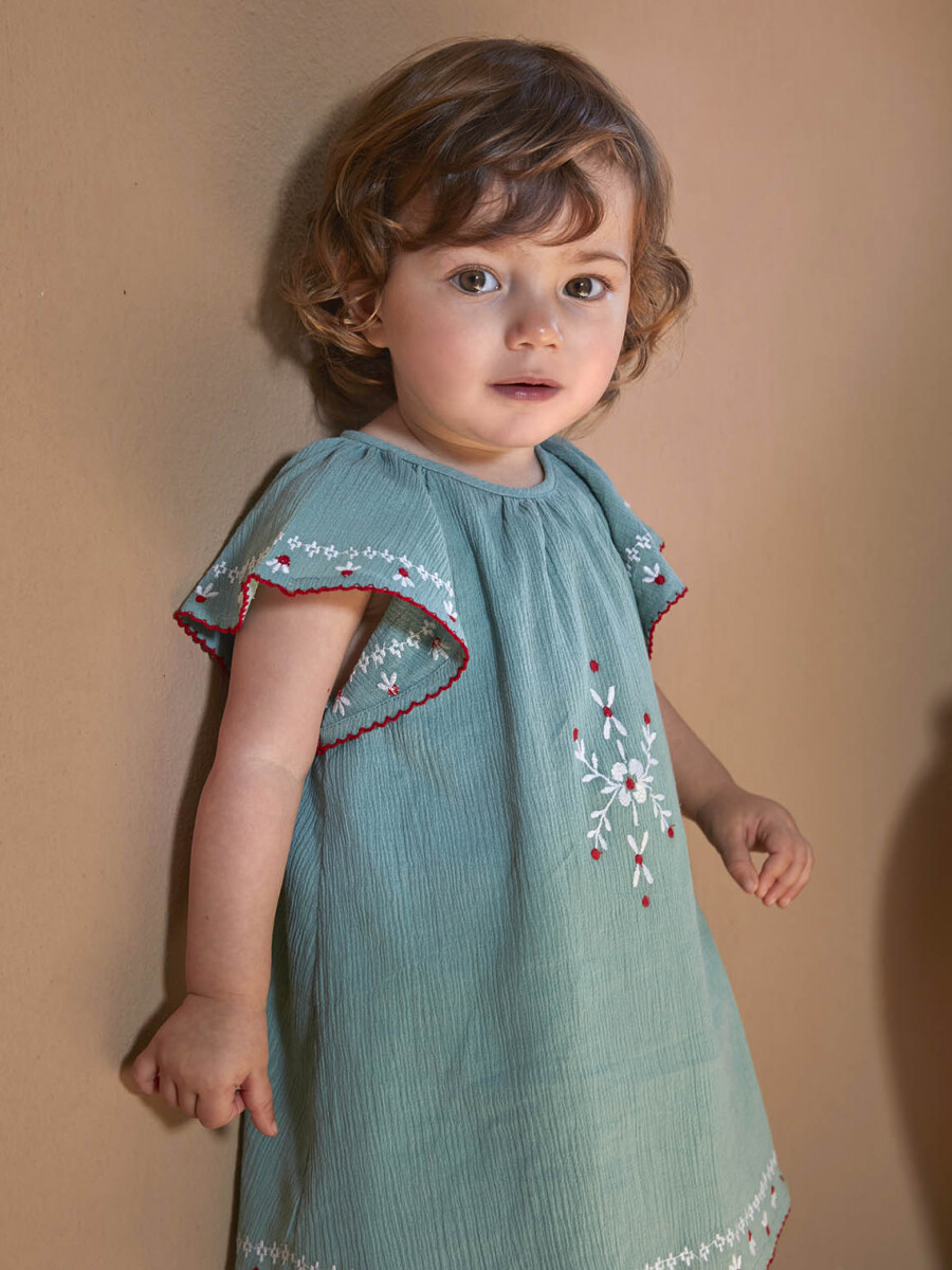 Vestido Bordados A Contraste Verde Nuevo