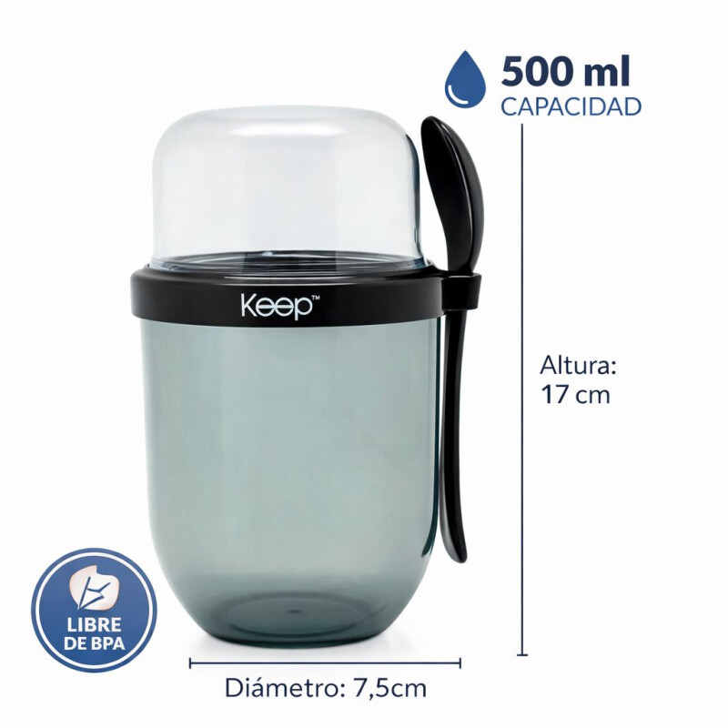 Tupper para Yogur y Snack con Doble Compartimento y Cuchara Negro