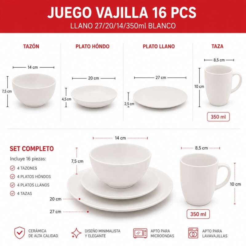 Juego Vajilla 16pcs llano 27/20/14/350ml BLANCO