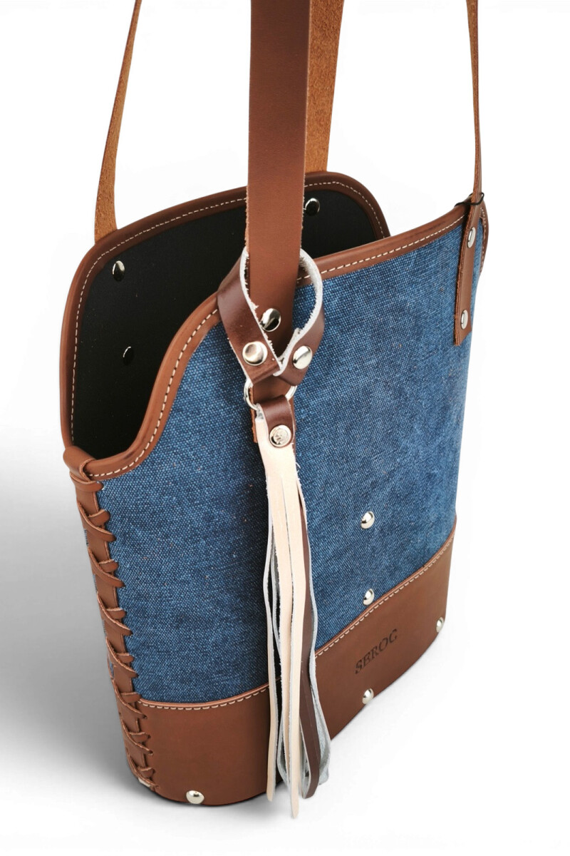 Matera de lona con base de madera y porta celular Azul