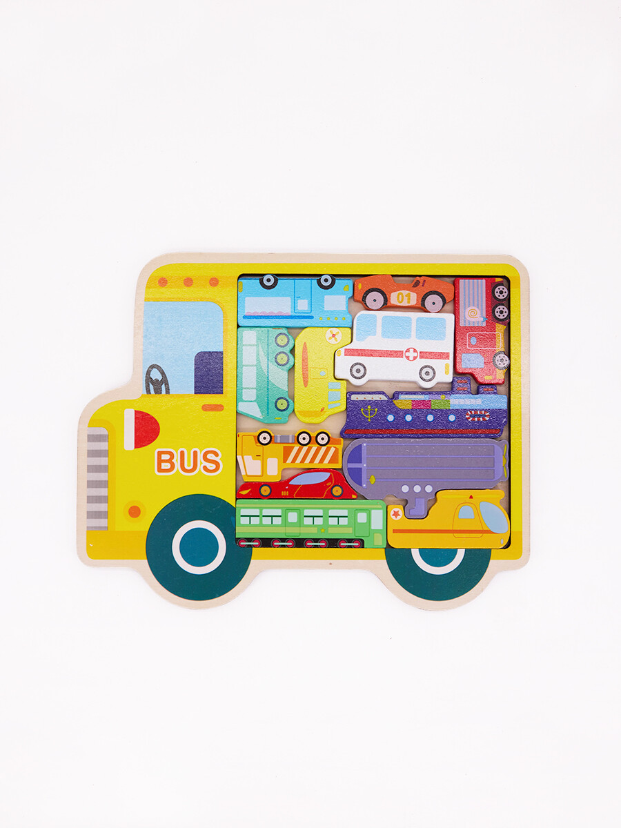 AUTOBUS CON VEHICULOS MADERA - AMARILLO 