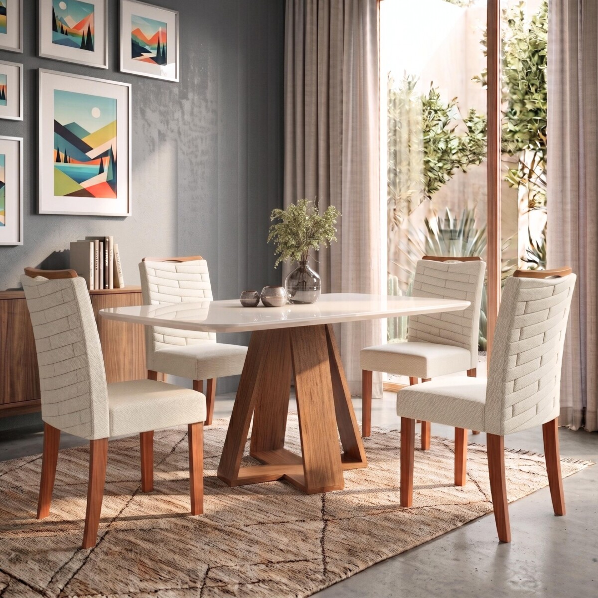 Juego De Comedor - 4 Sillas + Mesa Tapa De Vidrio - Celeste - Beige / Beige 