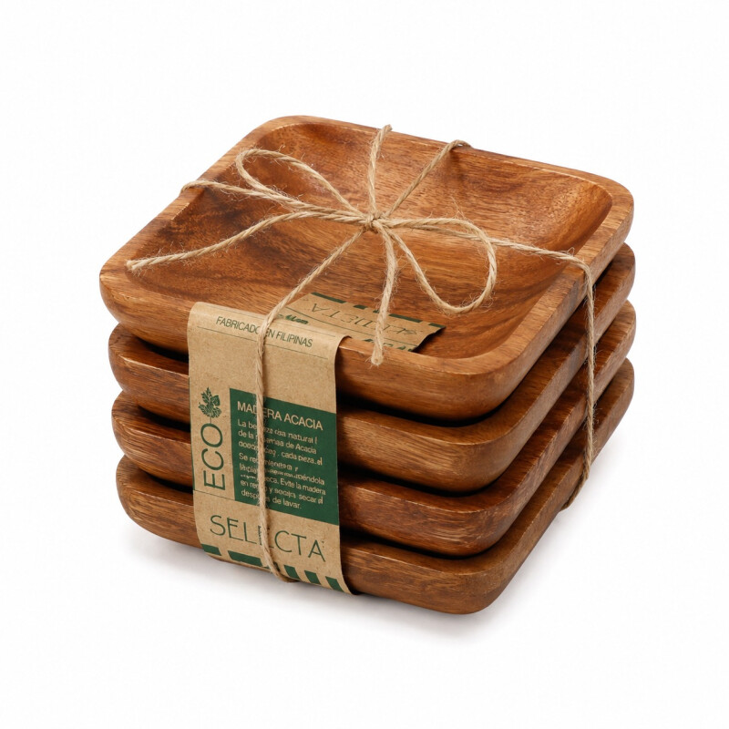 Copetinero Cuadrado Madera de Acacia Set 4 Unidades 13x13x2.5cm Copetinero Cuadrado Madera de Acacia Set 4 Unidades 13x13x2.5cm