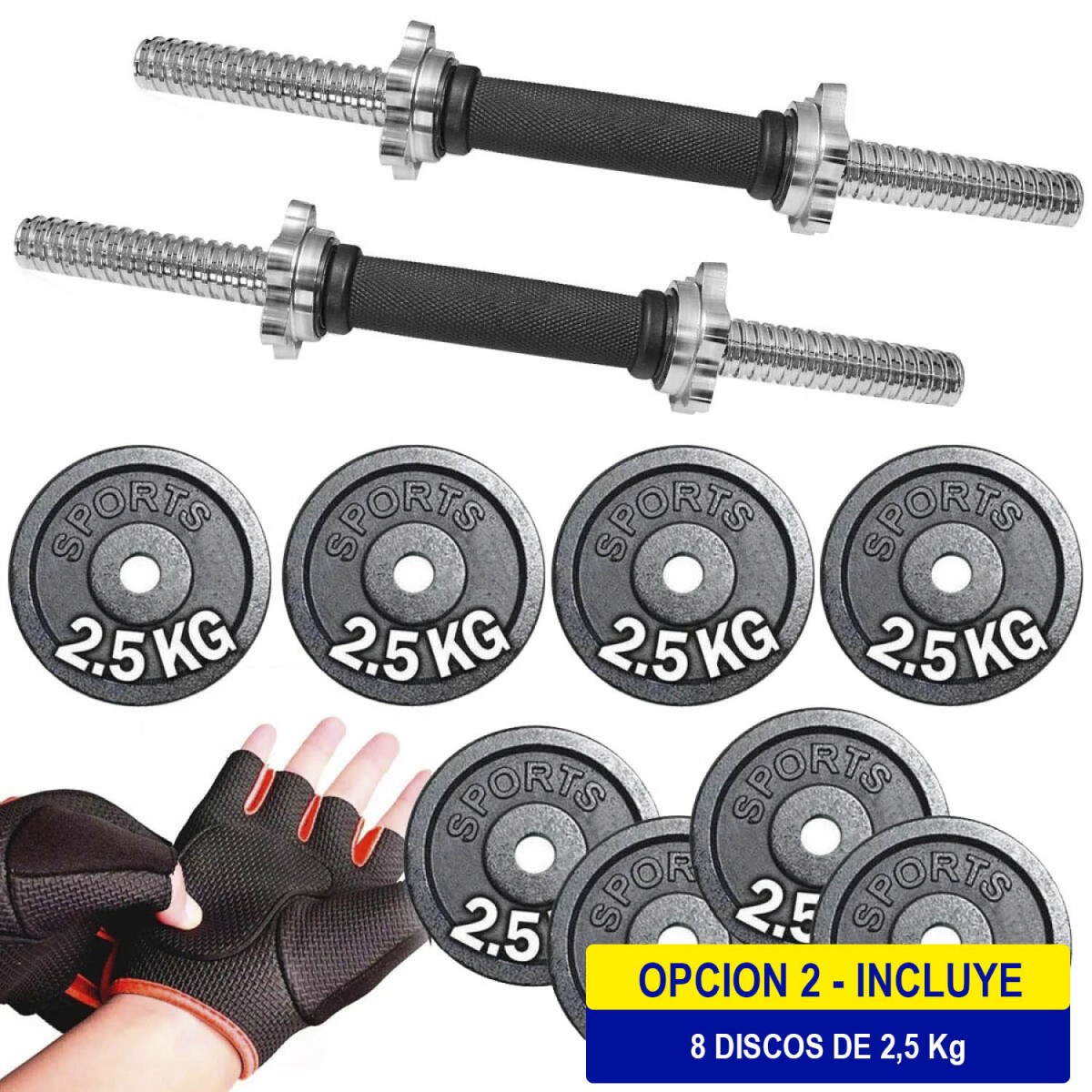 Set 2 Mancuernas Maciza Cromada + 20 Kilos + Guantes - 8 Discos de 2.5Kg 