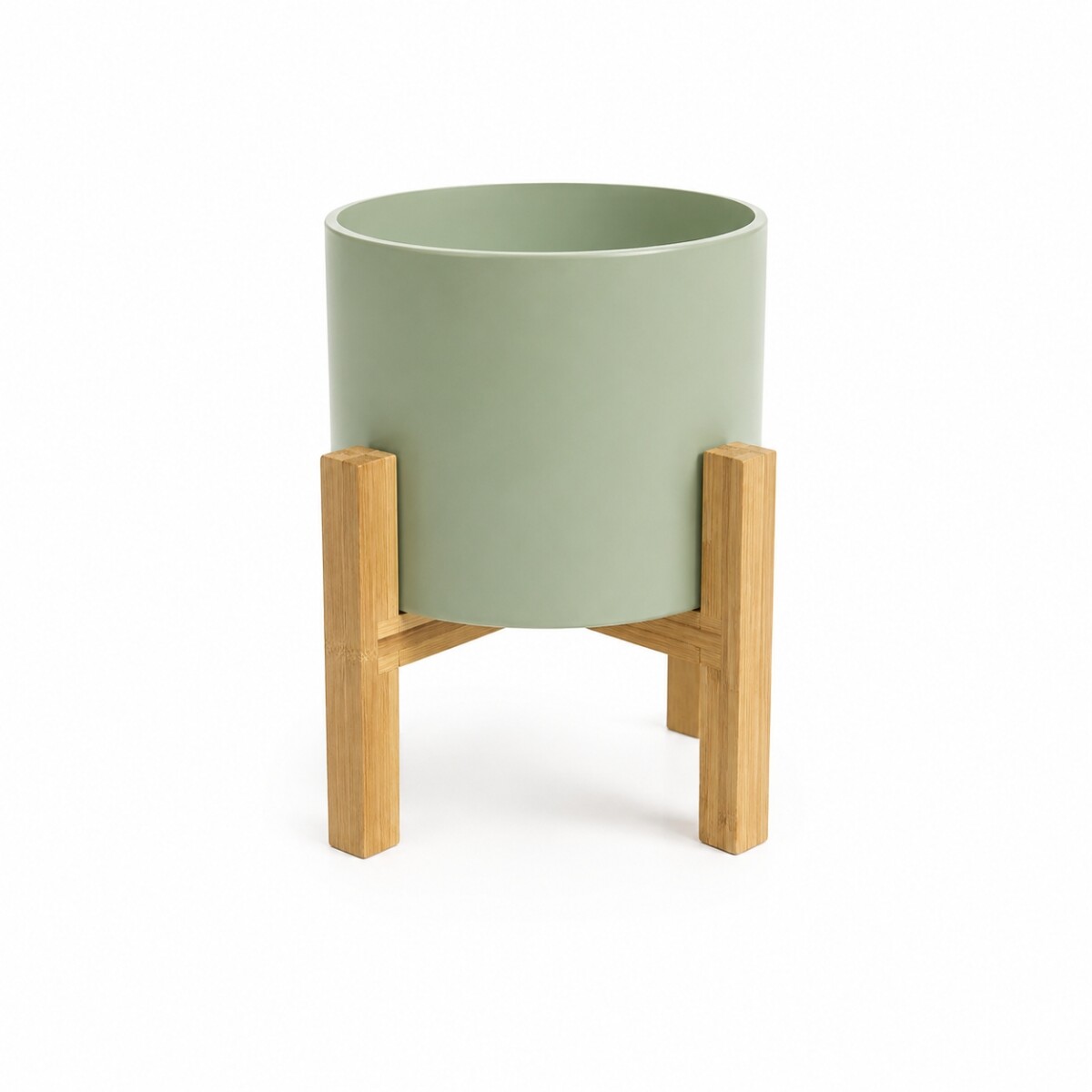MACETA CERÁMICA M CON SOPORTE DE MADERA - VERDE AGUA 