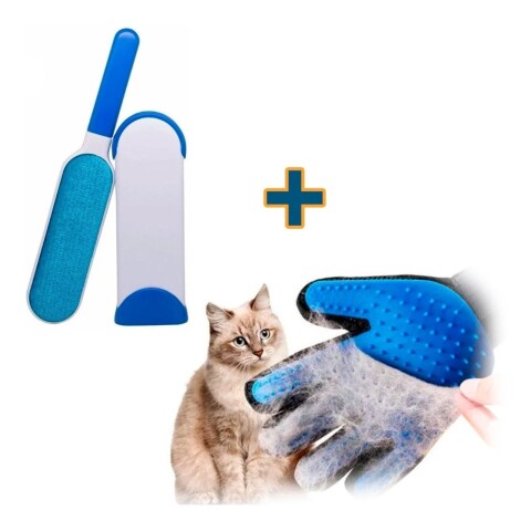 Kit Quita Pelusa Pelo Perro Gato Guante + Cepillo Mascotas Color Variante Azuloscuro