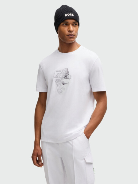 BOSS Camiseta de Algodón Elástico con Arte Impreso y Bordado Blanco