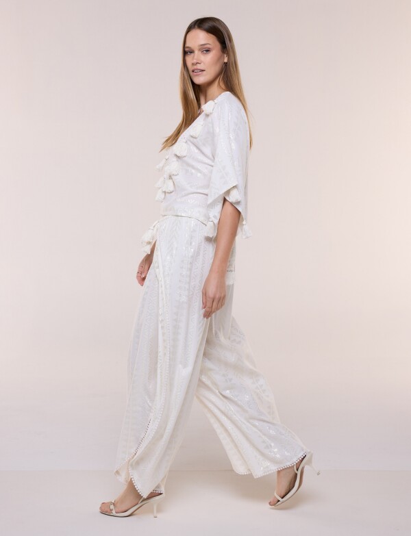 Pantalón Palazzo Cruzado Con Brillos CRUDO