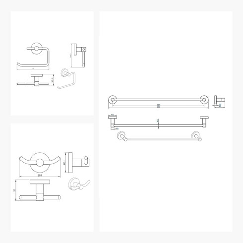 SET DE ACCESORIOS INCLUYE 2 PERCHAS DOBLES,TOALLERO Y PORTA ROLLO, LINEA ROMA 000