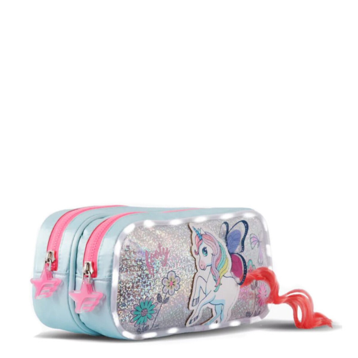 Cartuchera Footy Unicornio 2 Cierres con Luz Led - Verde Agua - Rosado 