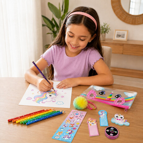 Set Papelería Arte c/Bolso y Libreta p/Colorear + Accesorios Arcoíris