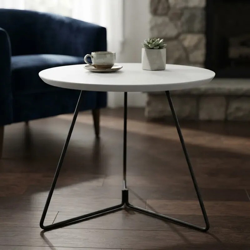 MESA LATERAL REDONDA - TAPA DE MADERA COLOR BLANCO Y PIE EN METAL GRAFITO 45cms MESA LATERAL REDONDA - TAPA DE MADERA COLOR BLANCO Y PIE EN METAL GRAFITO 45cms
