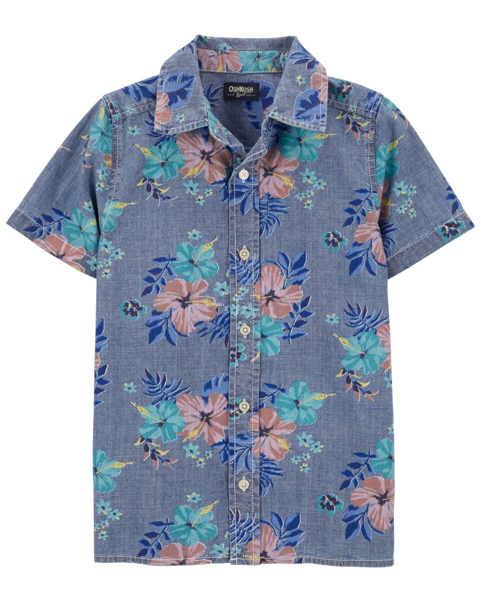 Camisa jean manga corta diseño floral. Talles 6-14 