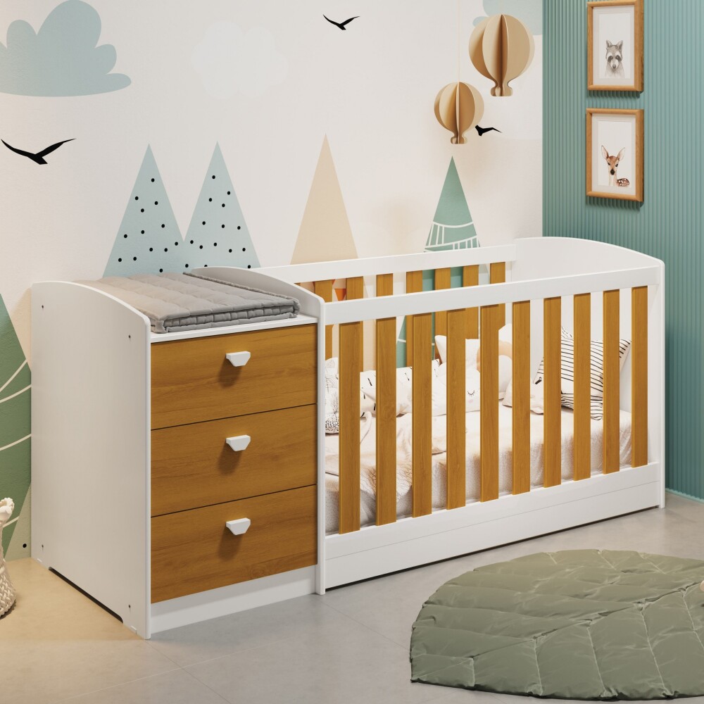 Cuna Convertible con Comoda Integrada 3 Cajones - Atlanta Blanco y Marrón