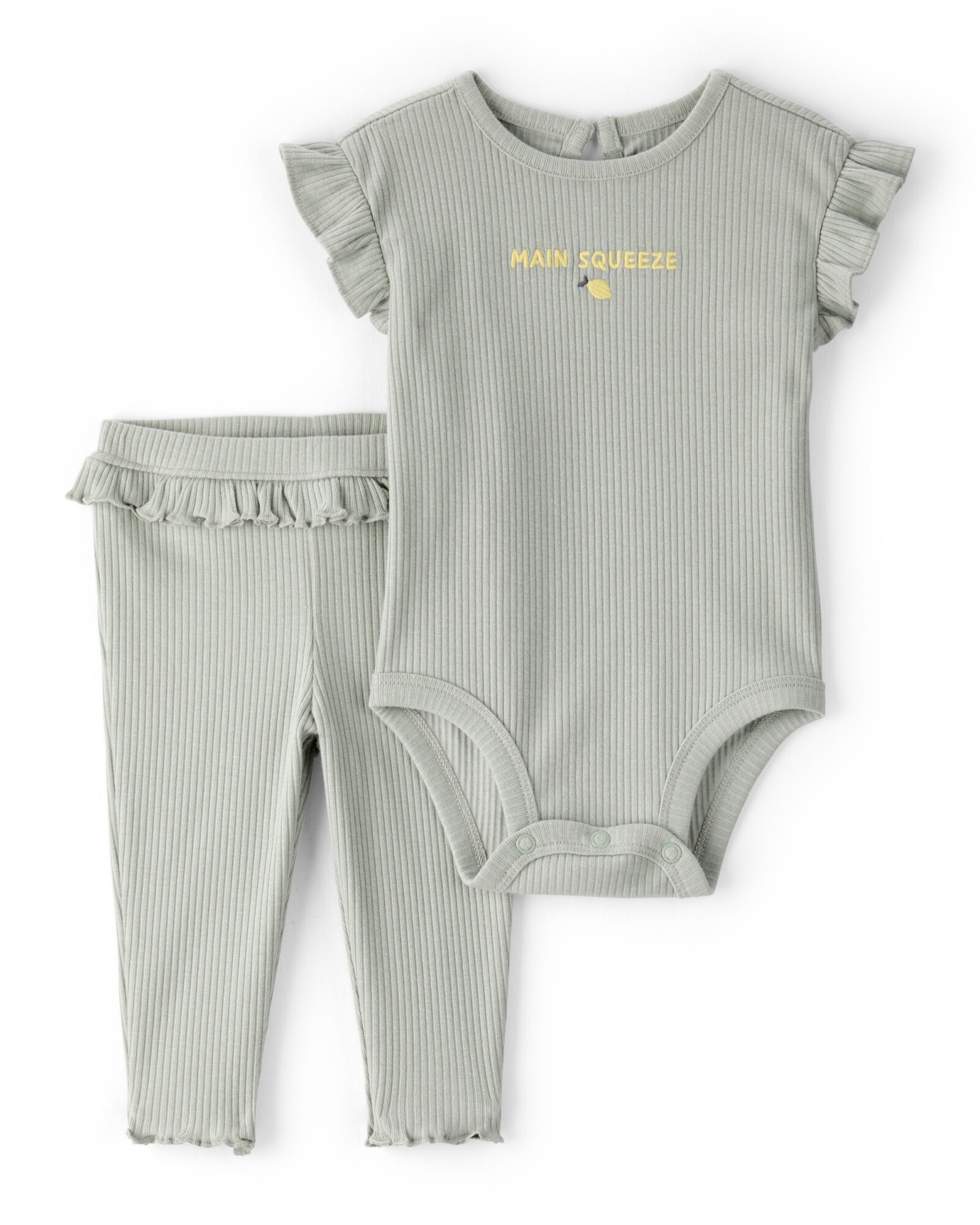Set dos piezas de algodón acanalado, pantalón y body con volados, verde Sin color