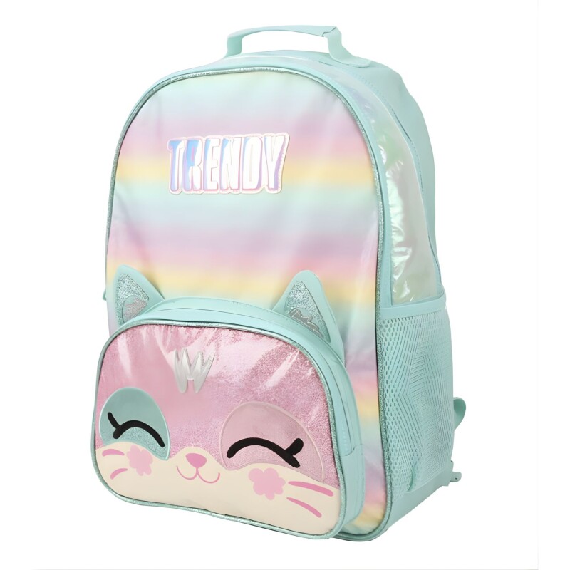 Mochila Escolar Trendy diseño Gatito Verde Agua