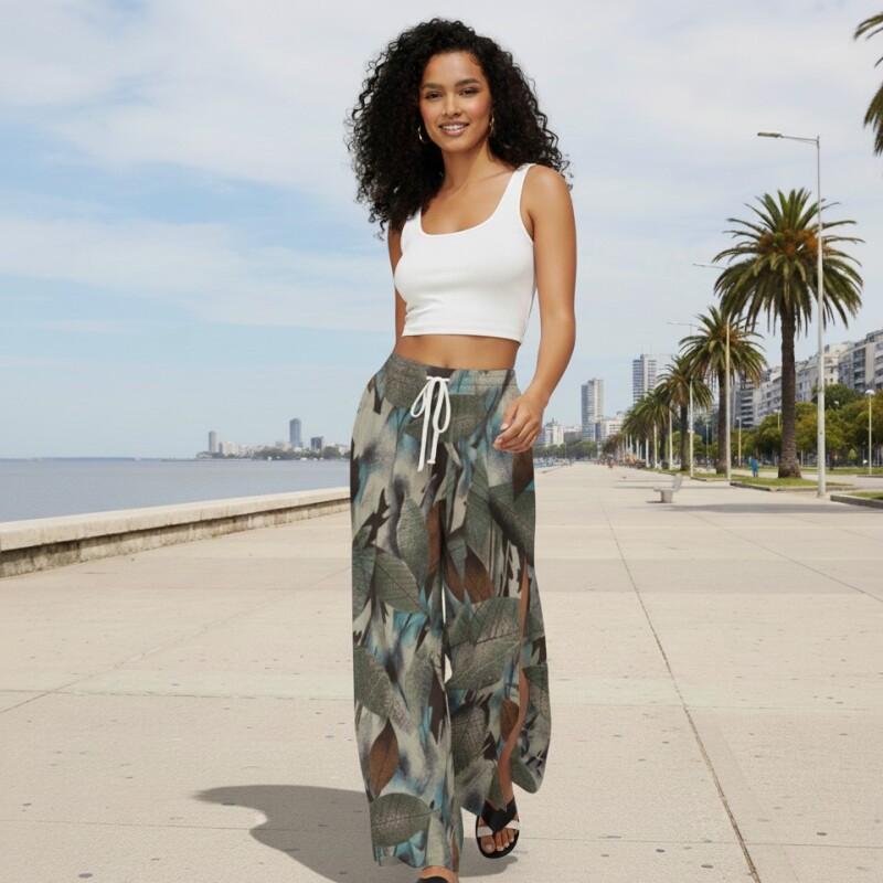 Pantalón Palazzo Elastizado Estampado con Abertura M2