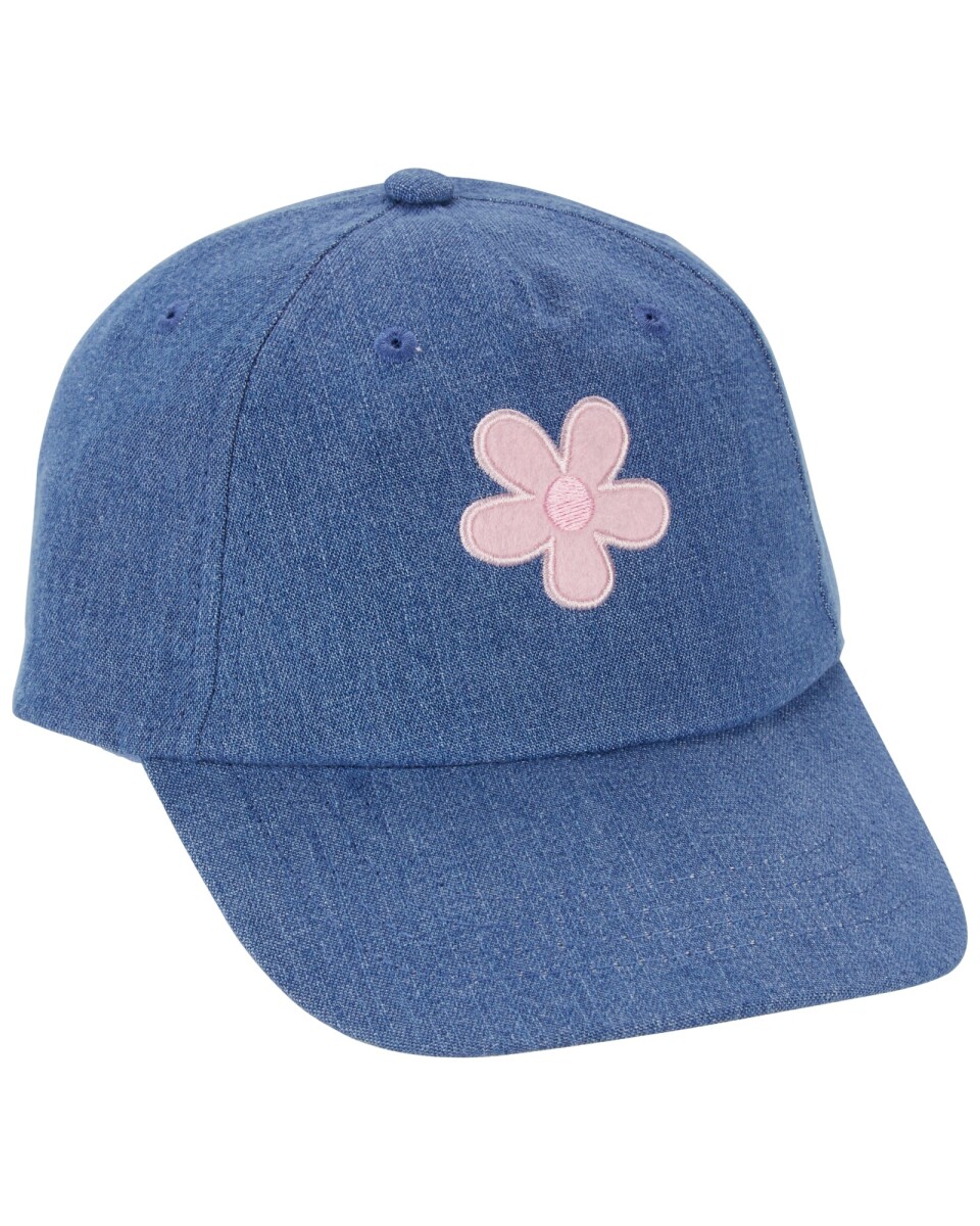 Gorra jean con visera y estampa flor. Talles 4-14 